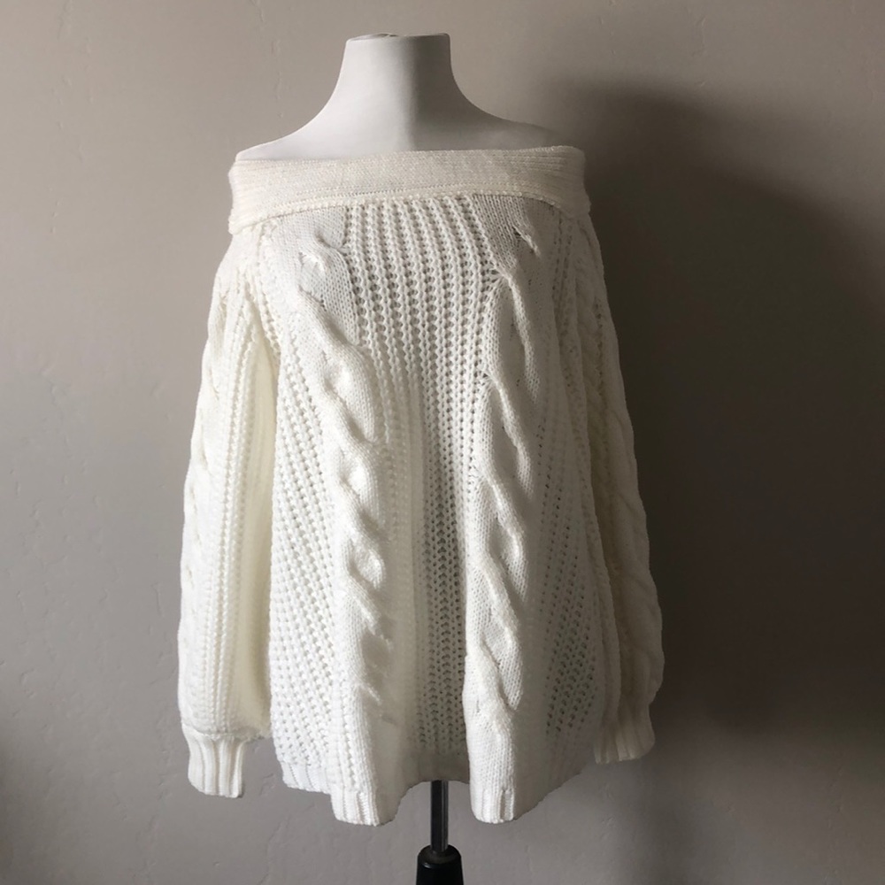 Thick cream colored off the shoulder sweater
